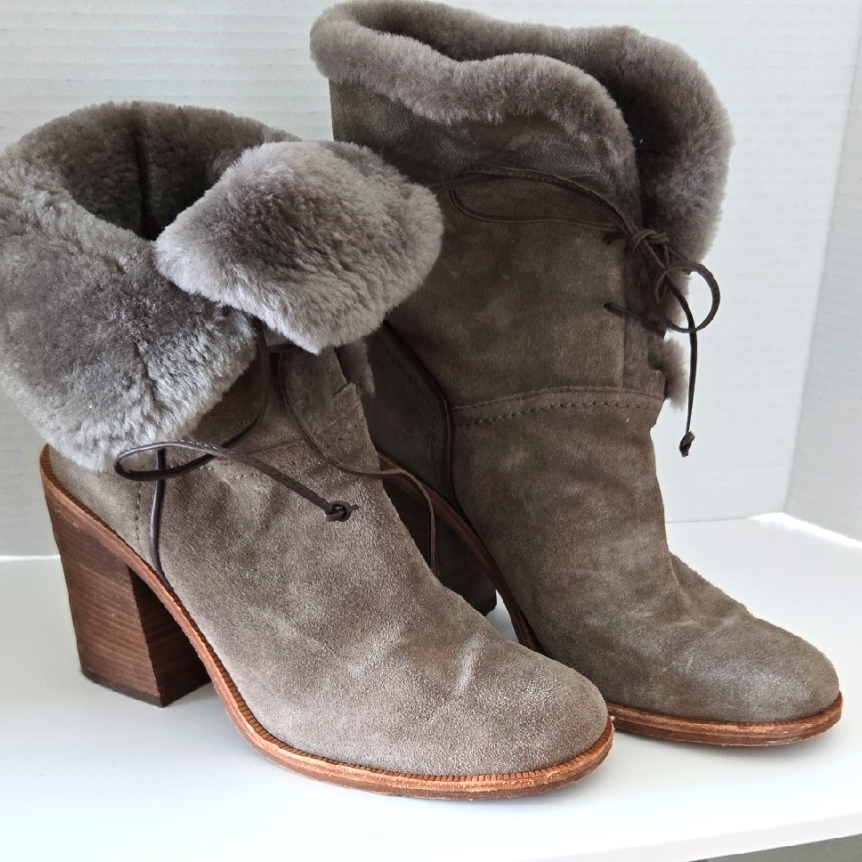 Ugg Gray Heeled Boots With Plush Fur Trim